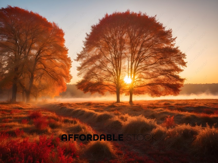 Sunset in a field with two trees