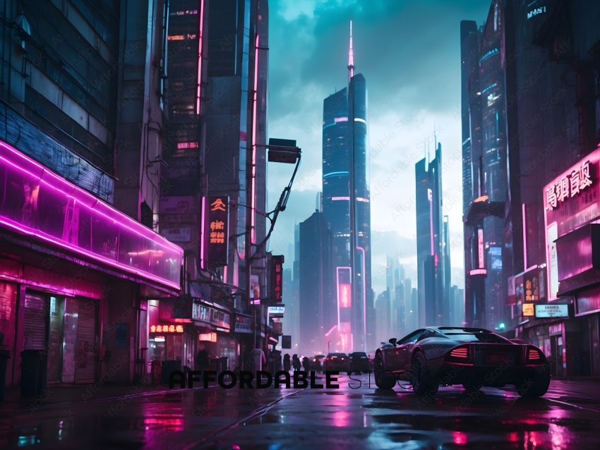 A futuristic cityscape with a car driving down a rain-soaked street