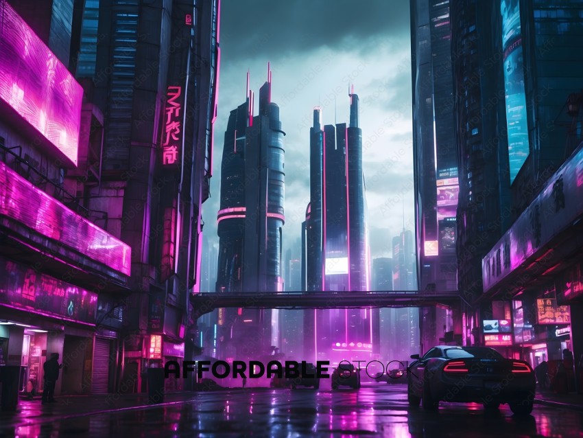 A futuristic cityscape with neon lights and rain
