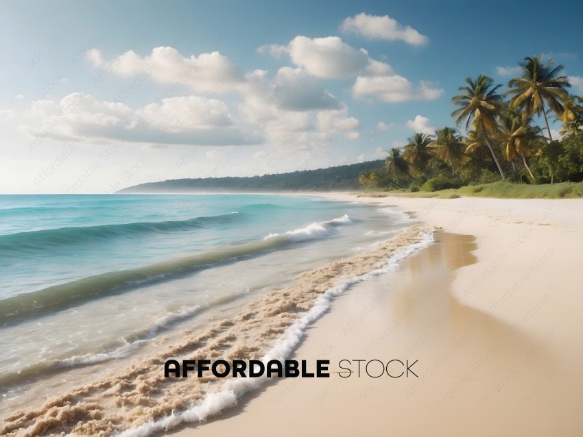 A beautiful beach with a clear blue sky and palm trees