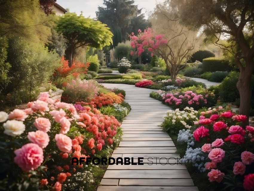A pathway lined with flowers and trees