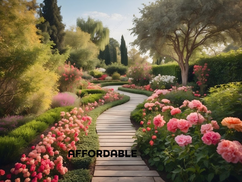 A pathway lined with flowers and trees