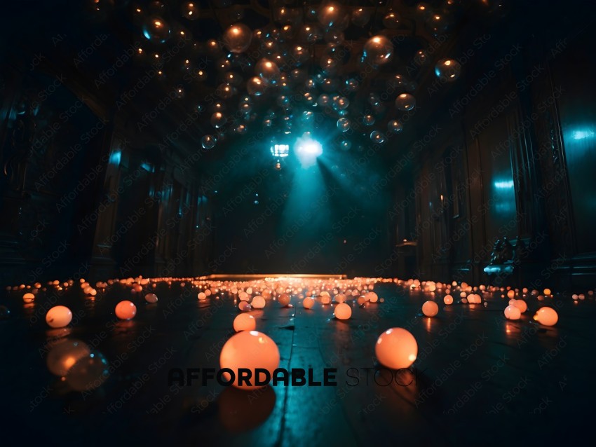 A dark room with a large number of glowing balls
