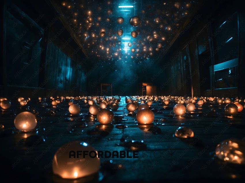 A dark room with many small lights