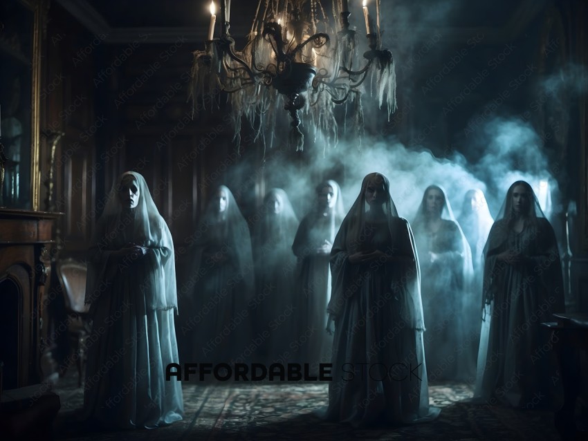Nuns in white habits standing in a room with smoke