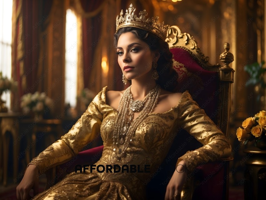 A woman in a gold dress and crown sits in a chair