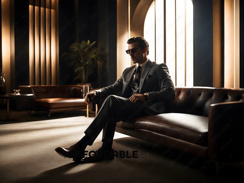 A man in a suit sitting on a couch