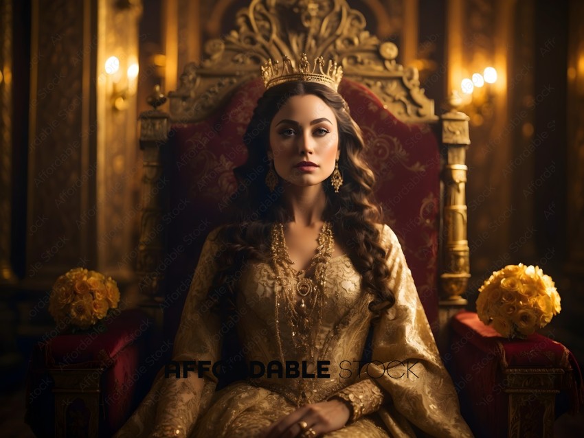 A woman in a gold crown and gold dress