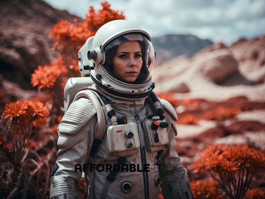 Astronaut in a white space suit standing in front of a red flower