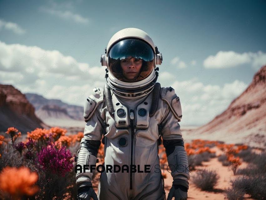 Astronaut in a suit standing in front of a flower field