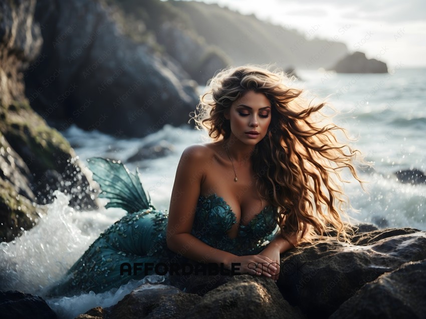 A woman with long hair and a mermaid tail