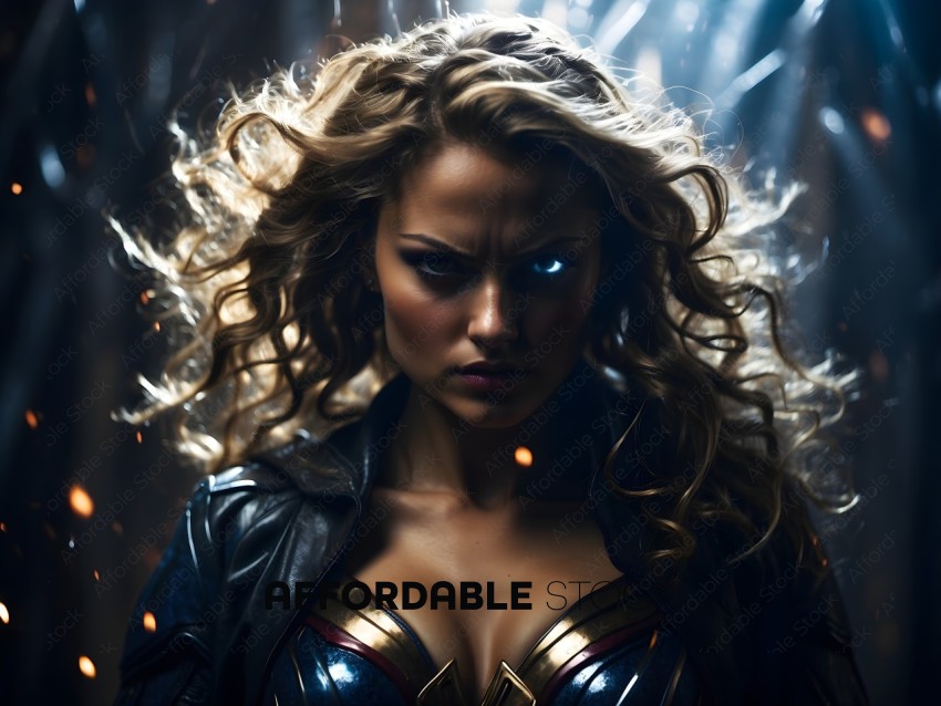 A woman with blue eyes and blonde hair wearing a leather jacket and a superhero costume