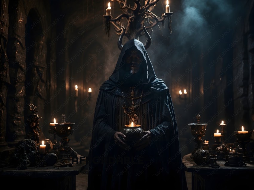 A man in a black robe holding a candle