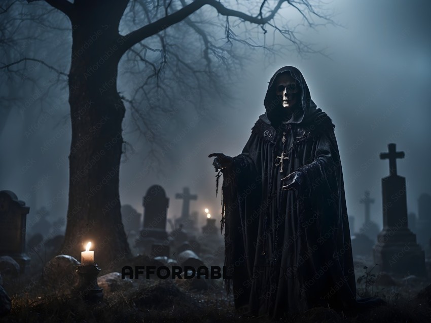 A skeleton in a black robe standing in a graveyard