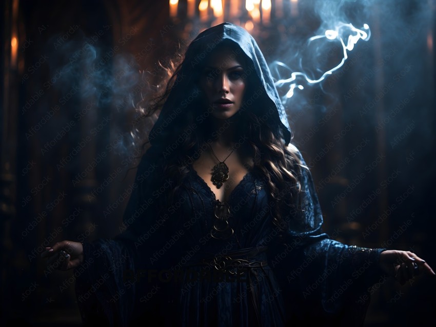 A woman in a blue dress with a hooded cape and a necklace