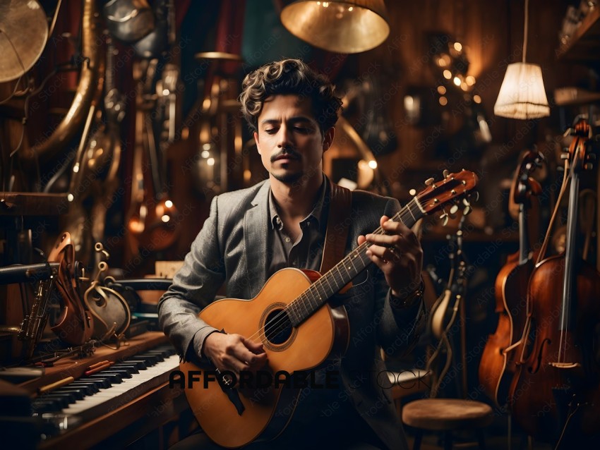 Man in a suit playing guitar in a room full of musical instruments