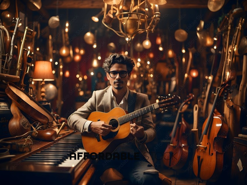 Man playing guitar in a room full of musical instruments