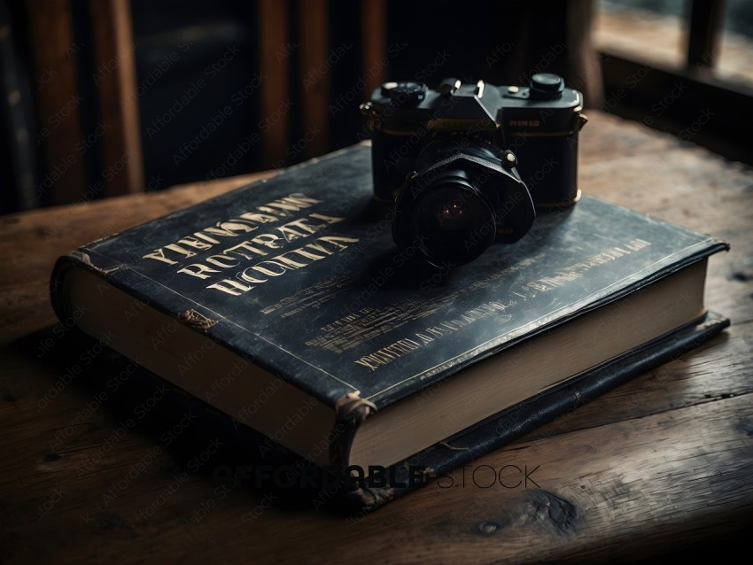 A book and a camera on a table