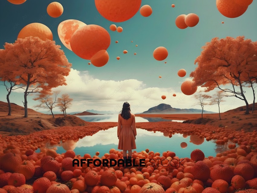 A woman standing in a field of oranges