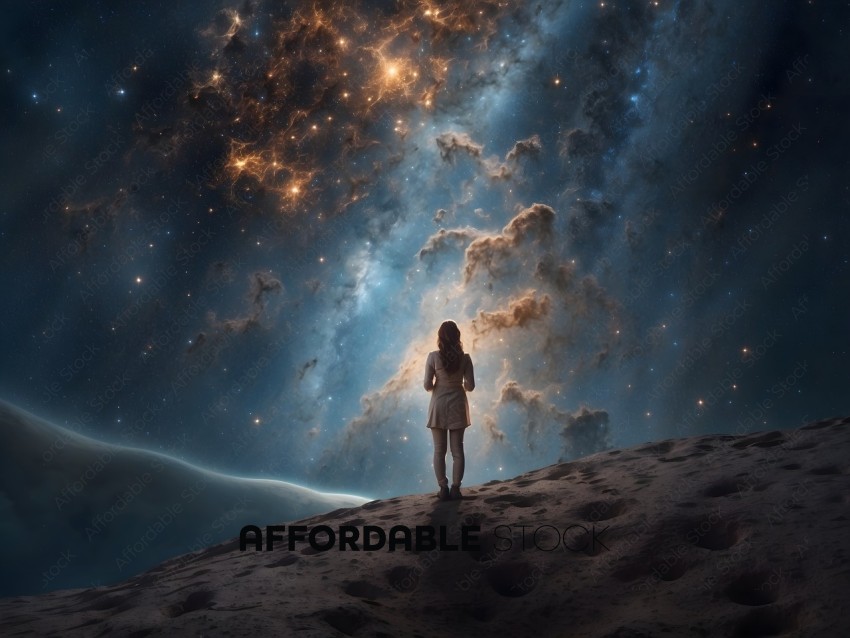 A woman standing on a rocky surface looking up at the stars