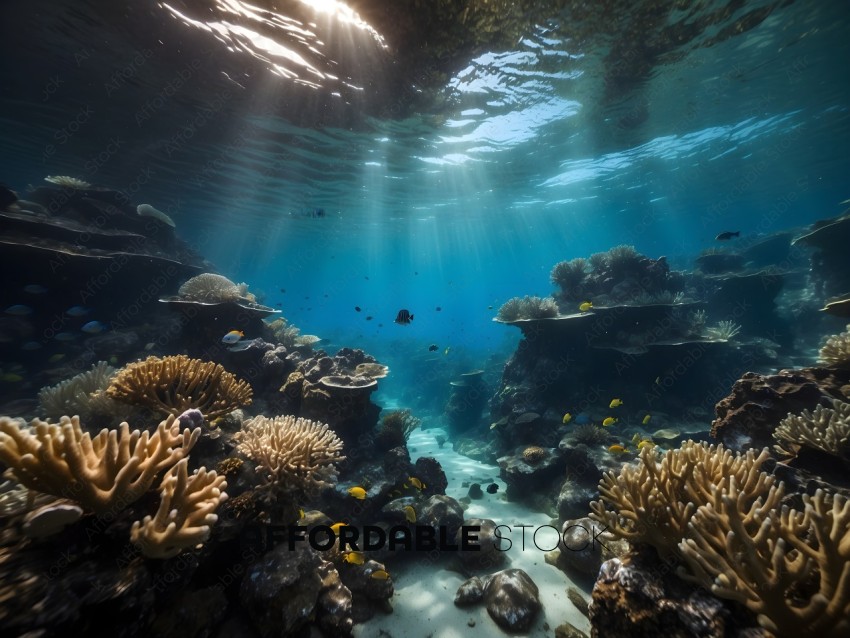 A diver swims underwater in a coral reef