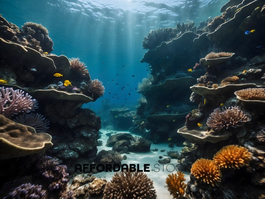 A beautiful underwater scene with coral and sea creatures