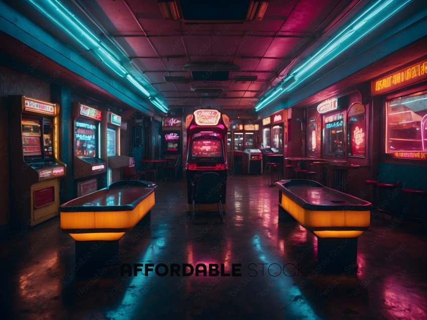 A dark, neon-lit arcade with a Pac-Man game