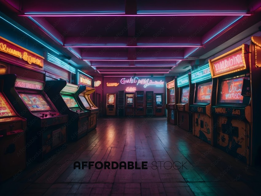 A row of arcade games with neon lights