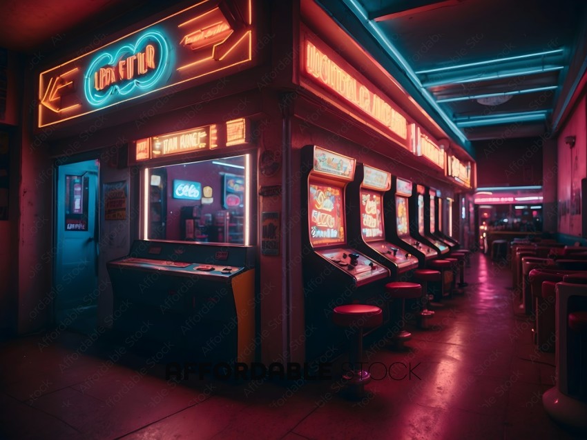 A row of arcade games with neon lights