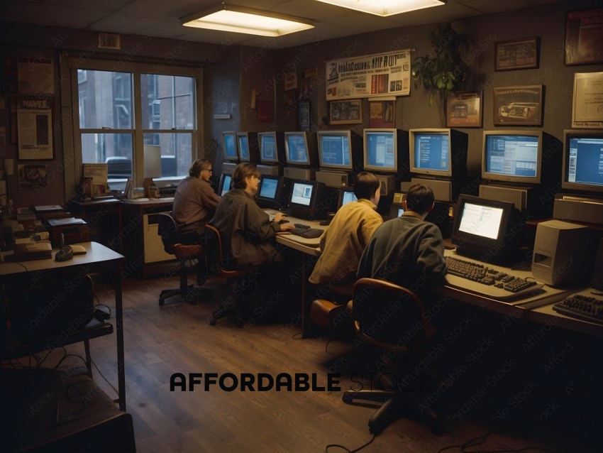 Four people working on computers in a room