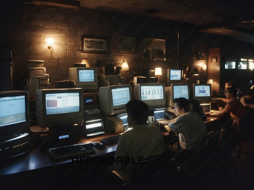 Three men working on computers in a dark room