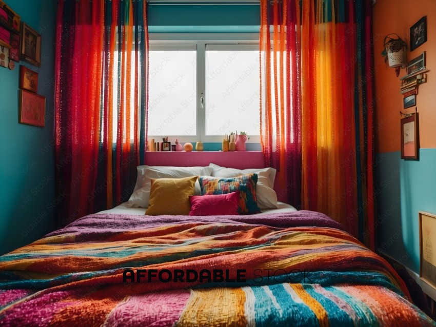A colorful bed with a colorful blanket and curtains