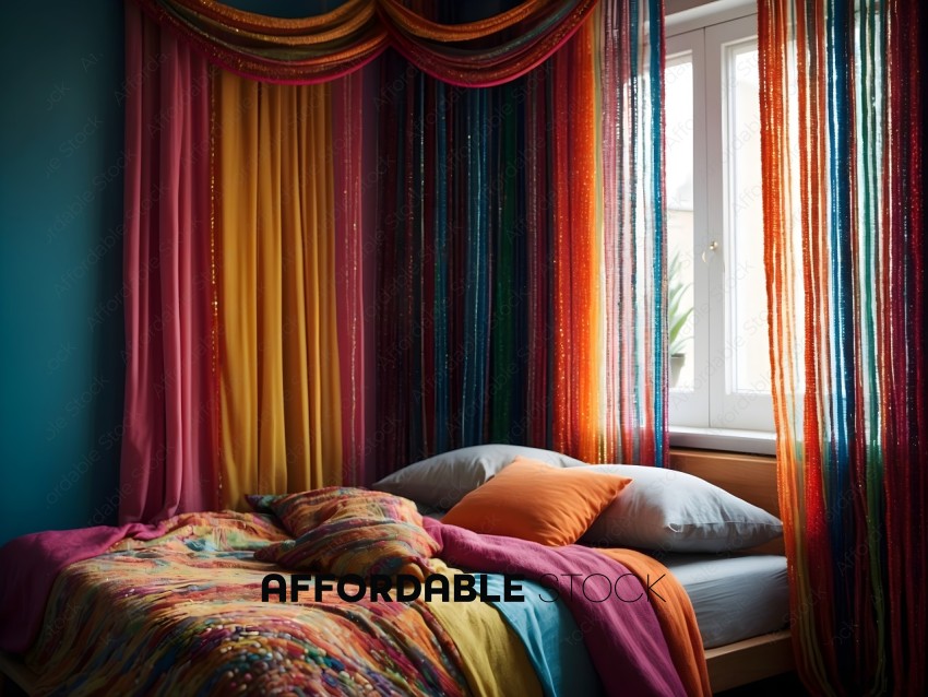 A colorful bed with a colorful bedspread and colorful curtains