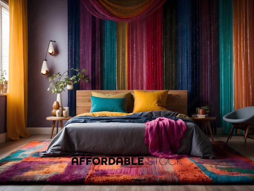 A colorful bed with a blanket and pillows