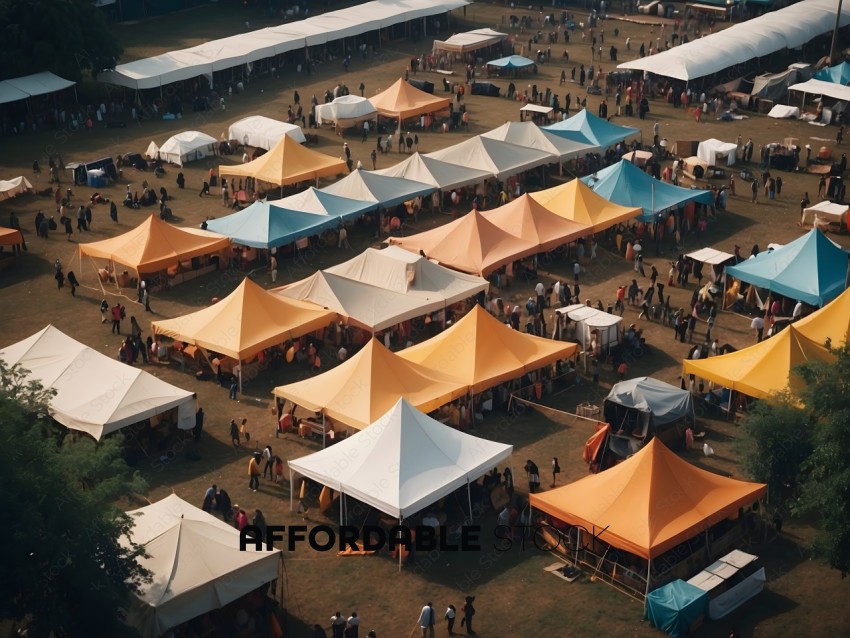 A large group of people are gathered under a variety of tents