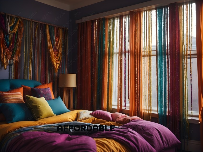 A colorful bed with a purple blanket and pillows