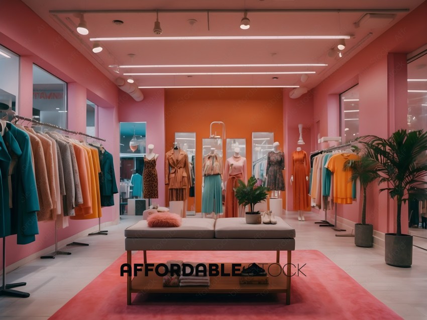 A fashion store with a pink carpet and mannequins