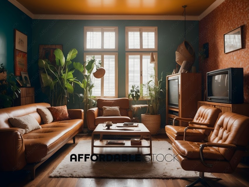 A living room with a brown couch, chair, and television