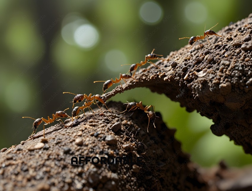 A group of ants are crossing a log
