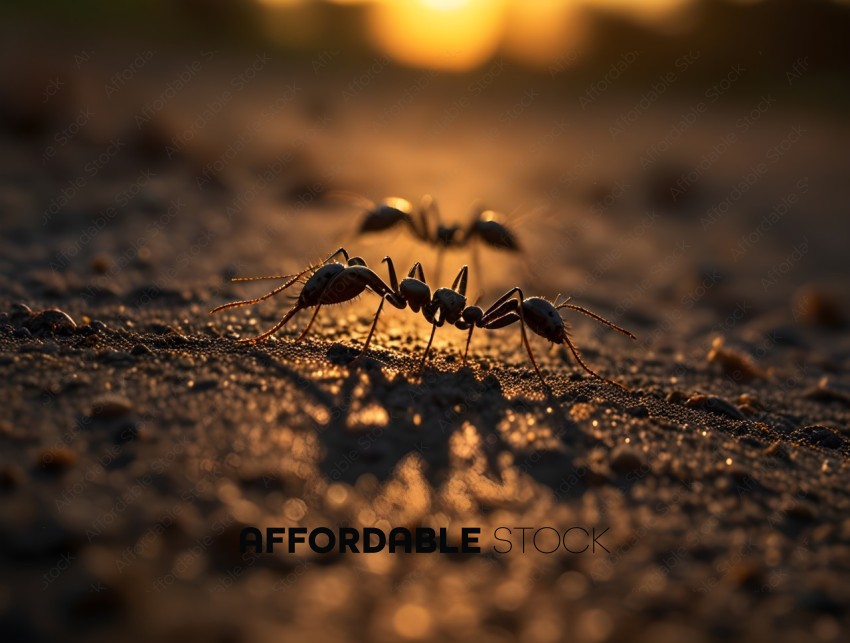 Ants on the ground at sunset