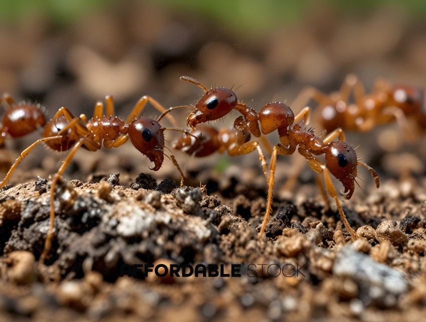 A group of ants are walking on the ground