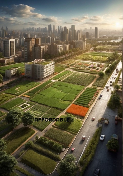 Urban Farming Landscape with City Skyline