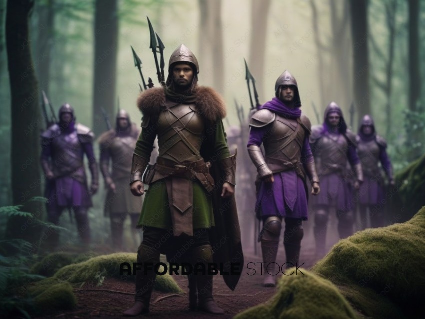 Warriors in Medieval Costumes Standing in the Forest