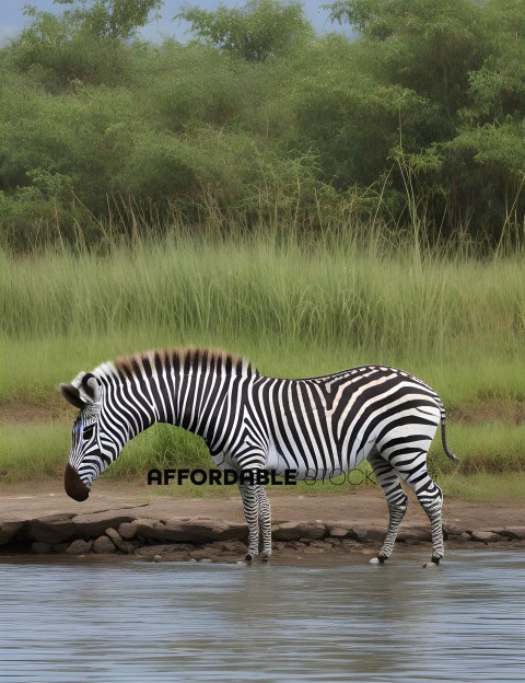 Zebra Drinking Water by River