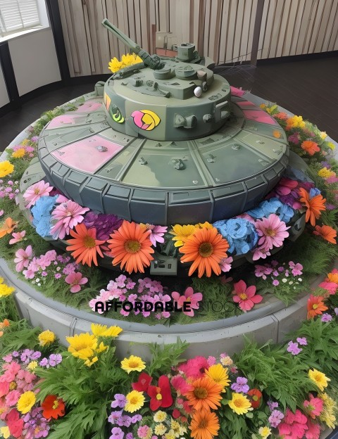 A colorful sculpture of a military vehicle with flowers