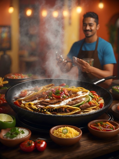Chef Serving Sizzling Fajitas in Vibrant Eatery