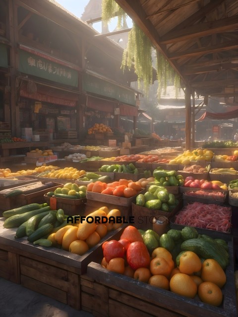 Traditional Asian Market Fruit and Vegetable Stalls