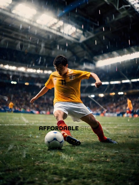A soccer player in a yellow jersey about to kick a soccer ball