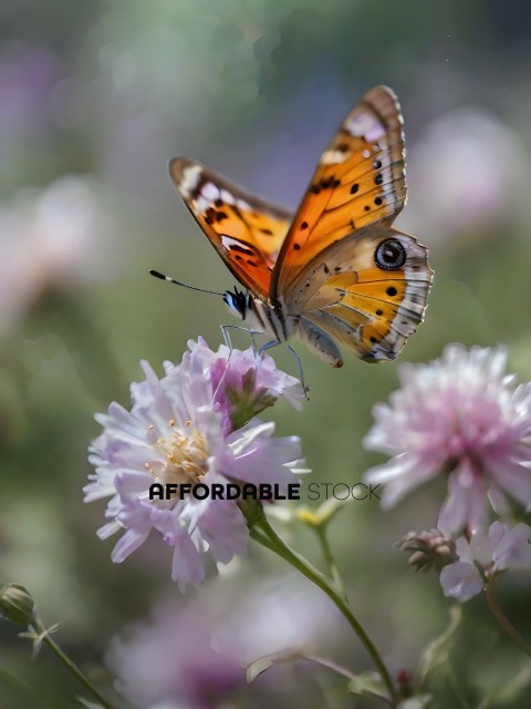 A butterfly with orange and yellow wings is perched on a purple flower