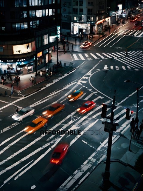 Cars and pedestrians on a busy city street at night